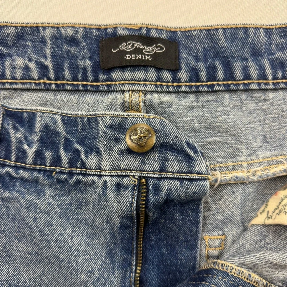 Ed Hardy Jean Shorts Mens 38 Blue Embroidered Dragon Logo Raw Hem MEHD8003-2